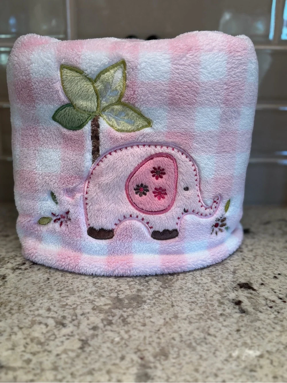 Pink Gingham Baby Blanket Embroidered Elephant Plush Fleece Nursery